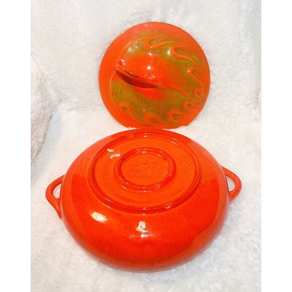 Vtg California Pottery 813 Orange Casserole Chafing Dish Maple Leaf Gold Accents - Picture 7 of 10